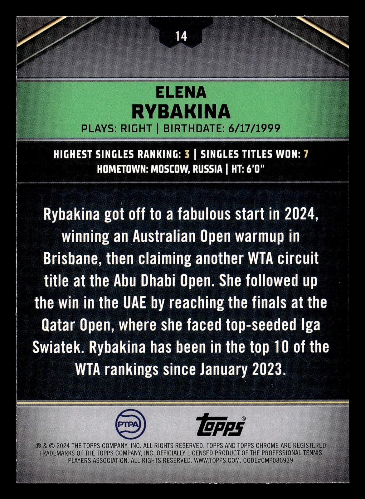2024 Topps Graphite #14 Elena Rybakina Green Refractor #/75