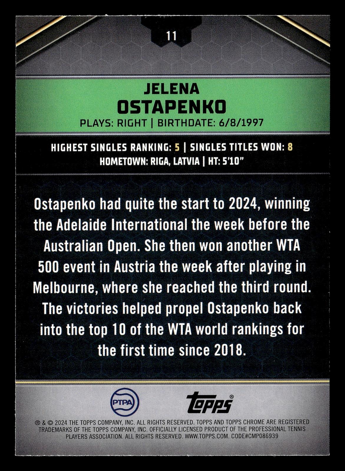 2024 Topps Graphite #11 Jelena Ostapenko Aqua Refractor #/199