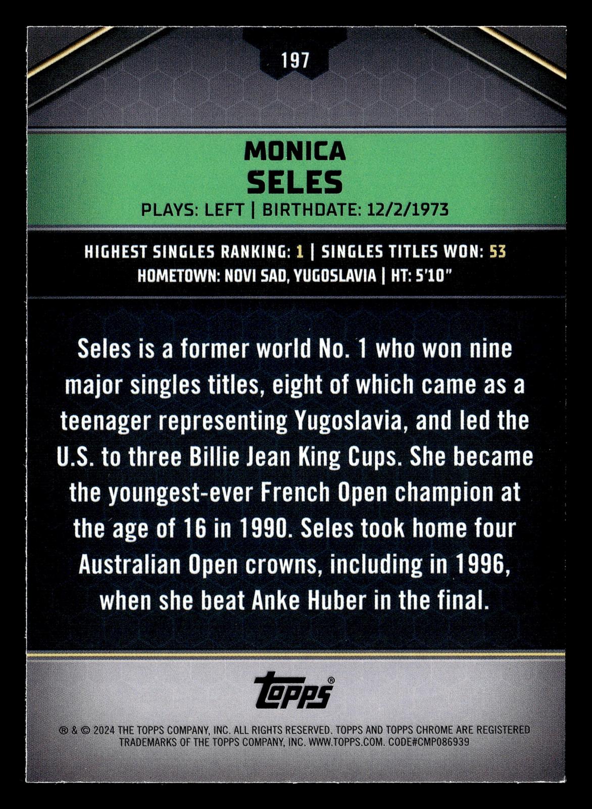 2024 Topps Graphite #197 Monica Seles Blue Refractor #/50