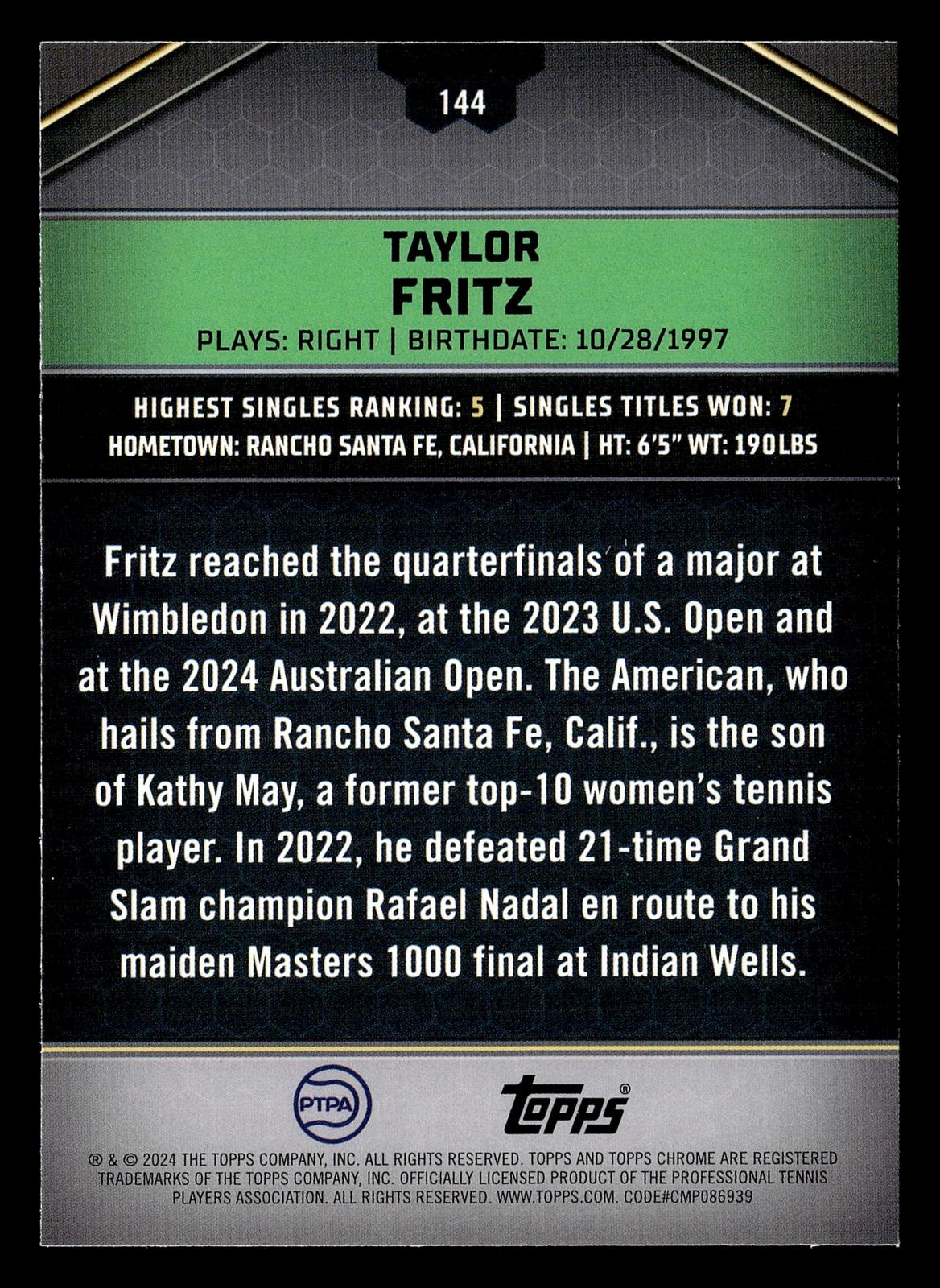 2024 Topps Graphite #144 Taylor Fritz Aqua Refractor #/199