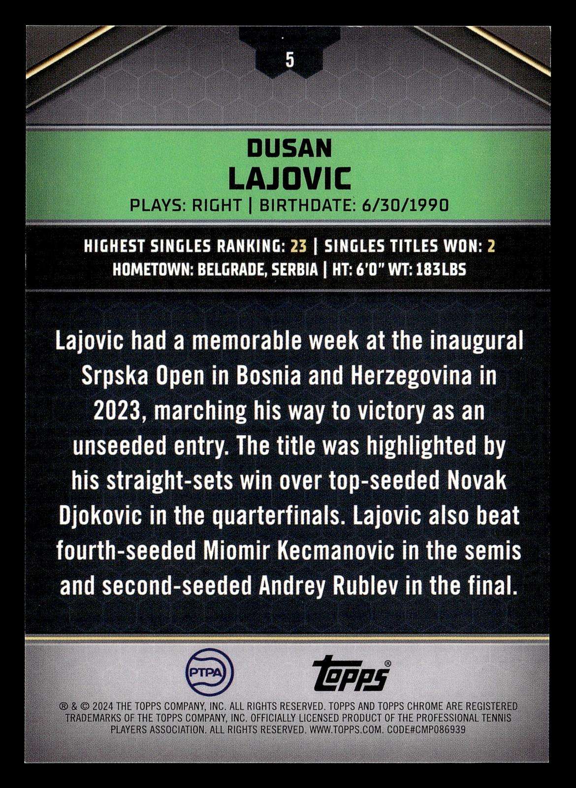 2024 Topps Graphite #5 Dusan Lajovic White Refractor #/10
