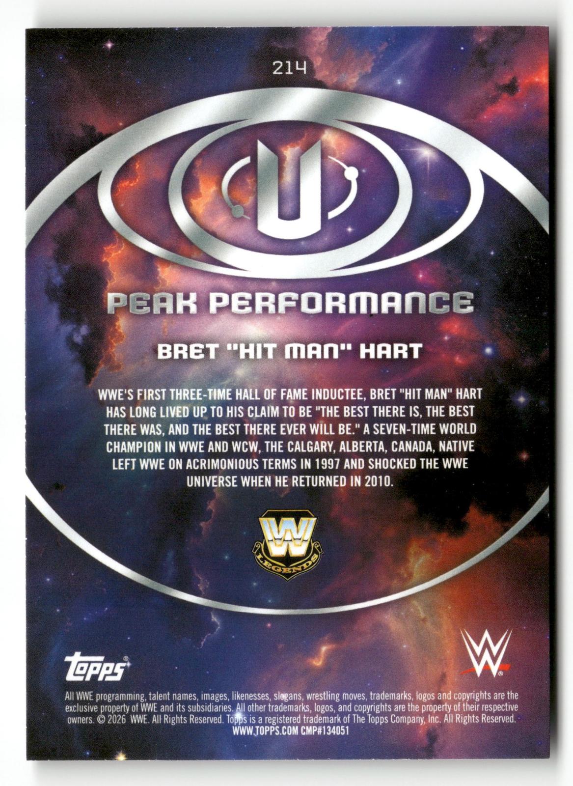 2026 Topps Universe WWE 214 Bret "Hit Man" Hart /199 Peak Performances