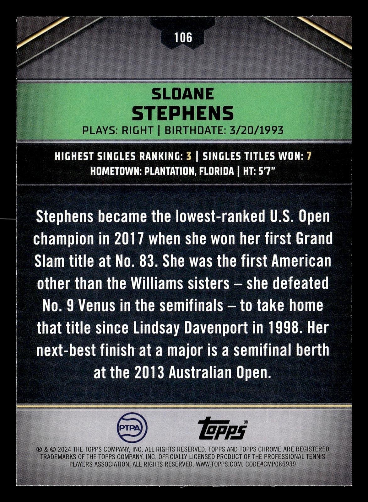 2024 Topps Graphite #106 Sloane Stephens Aqua Refractor #/199