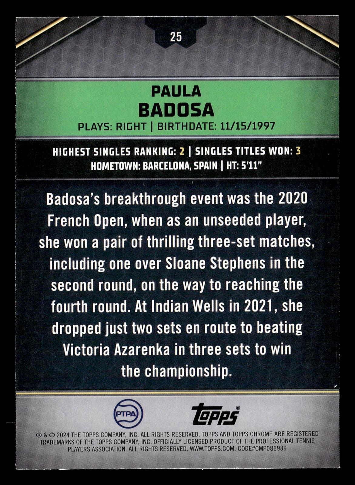 2024 Topps Graphite #25 Paula Badosa Aqua Refractor #/199