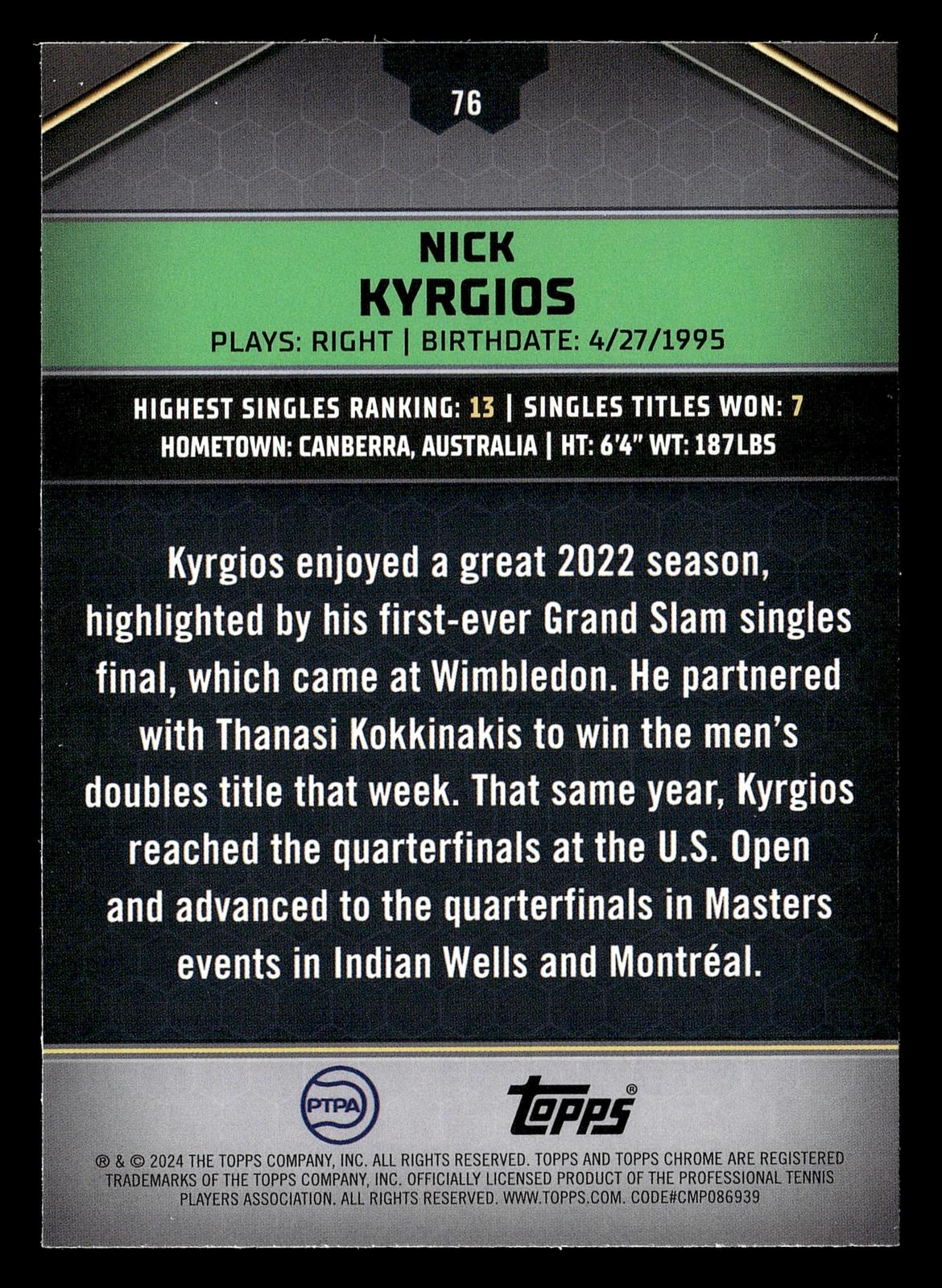 2024 Topps Graphite #76 Nick Kyrgios Aqua Refractor #/199