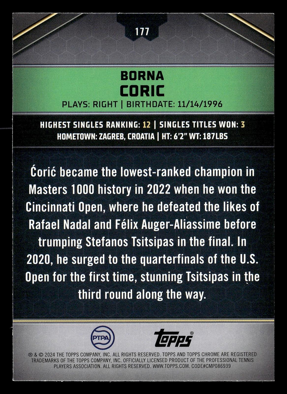 2024 Topps Graphite #177 Borna Coric Blue Refractor #/50