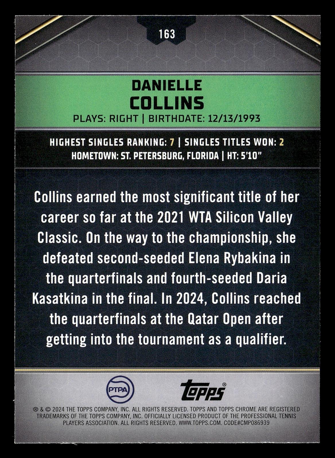 2024 Topps Graphite #163 Danielle Collins Aqua Refractor #/199