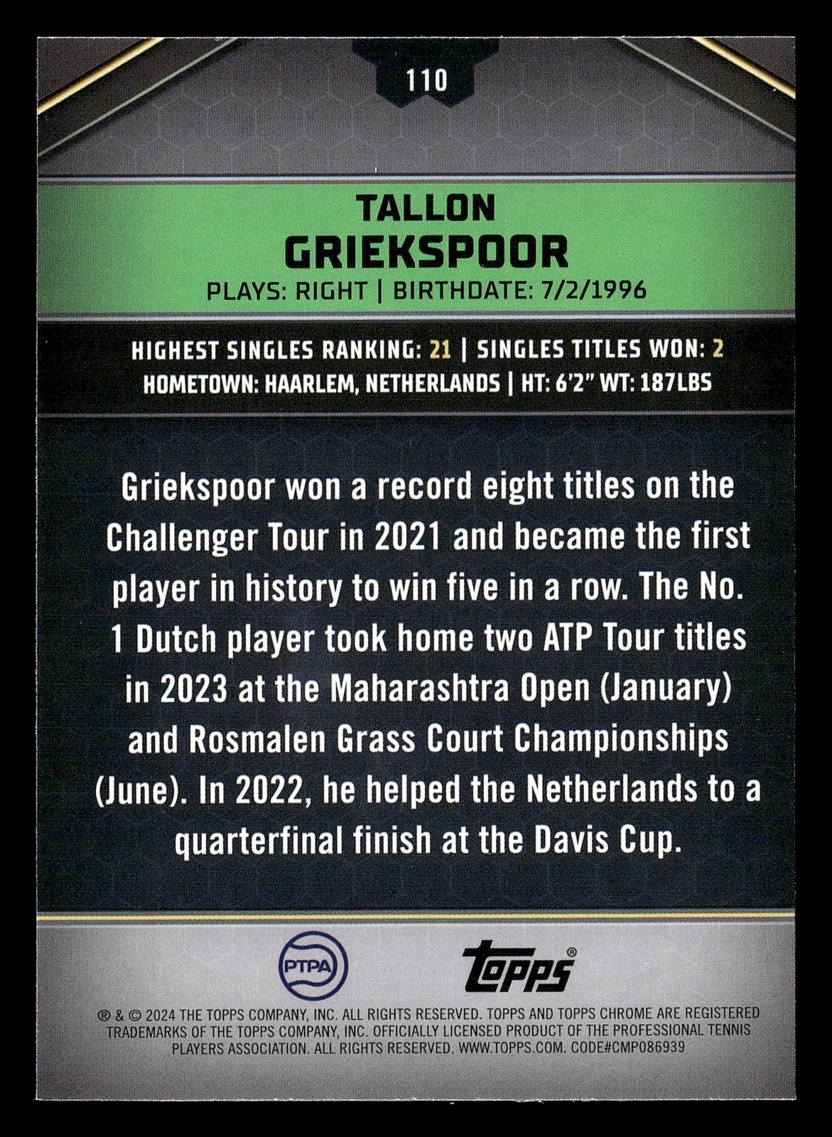 2024 Topps Graphite #110 Tallon Griekspoor Green Refractor #/75