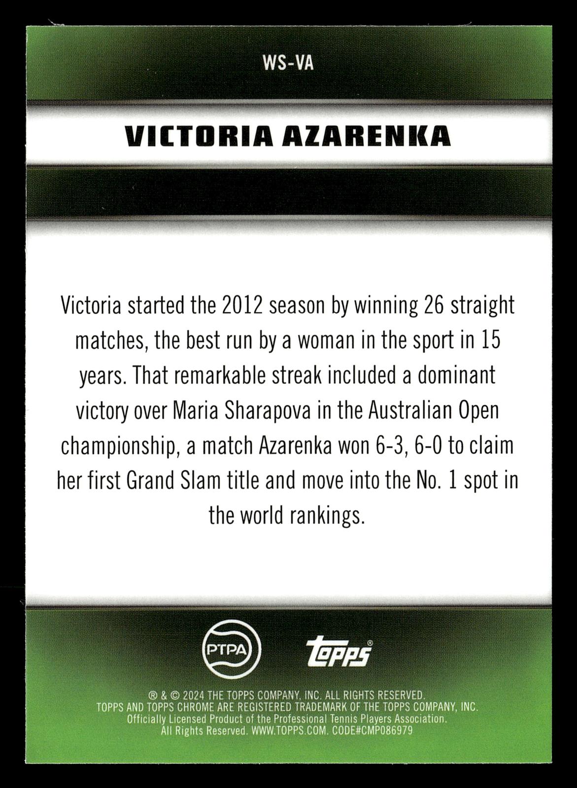 2024 Topps Graphite #WS-VA Victoria Azarenka Winning Streaks Blue Refractor #/50