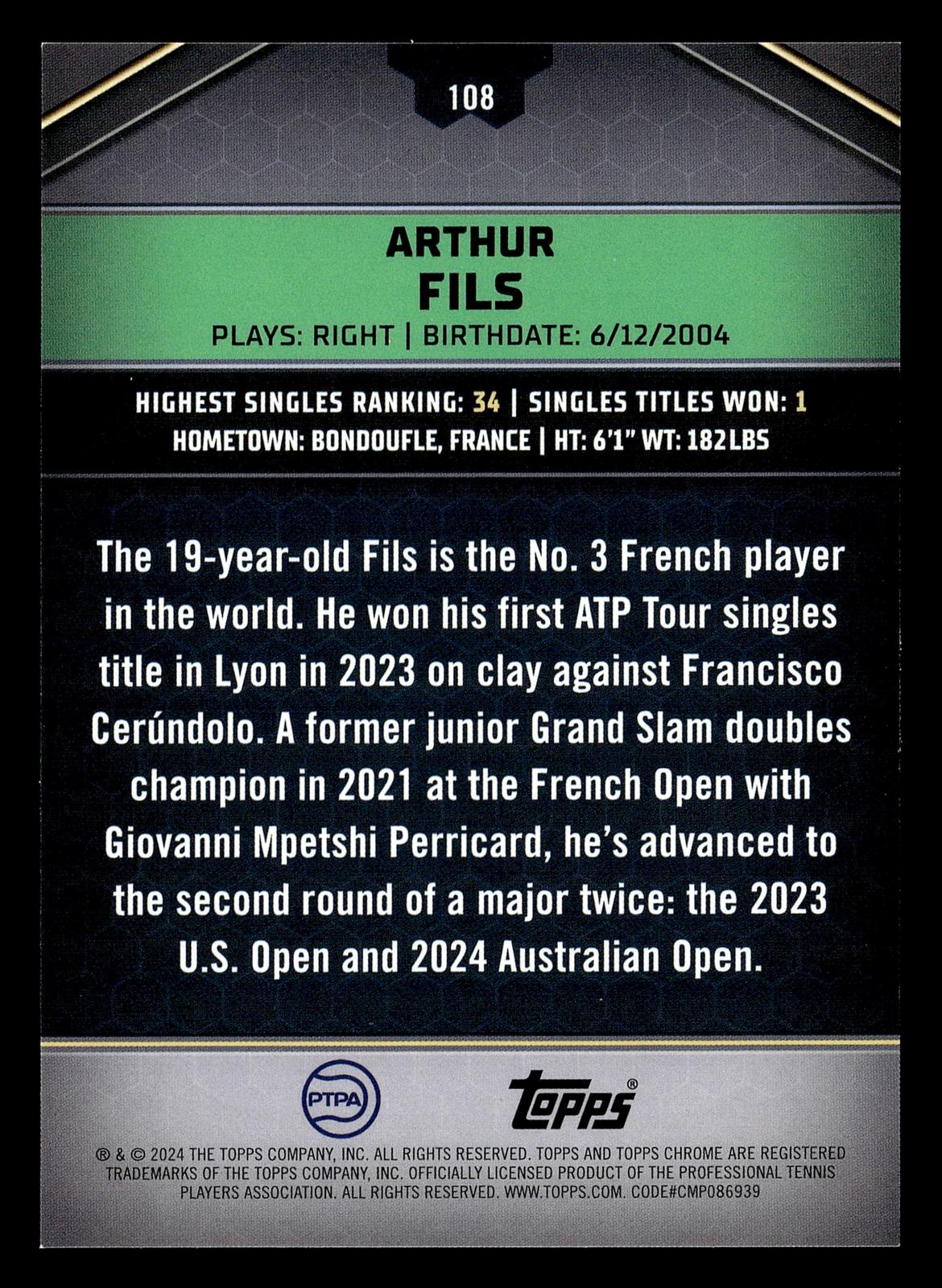 2024 Topps Graphite #108 Arthur Fils Pink Refractor #/15