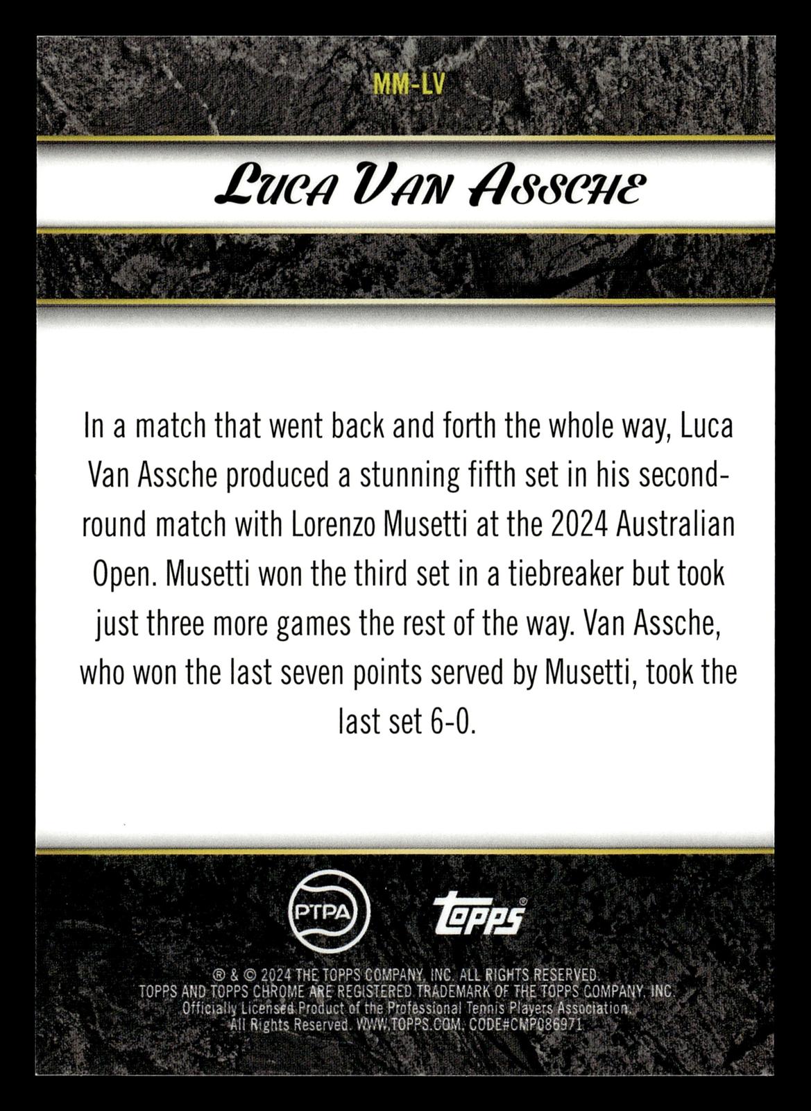 2024 Topps Graphite #MM-LV Luca Van Assche Match Masters White Refractor #/10
