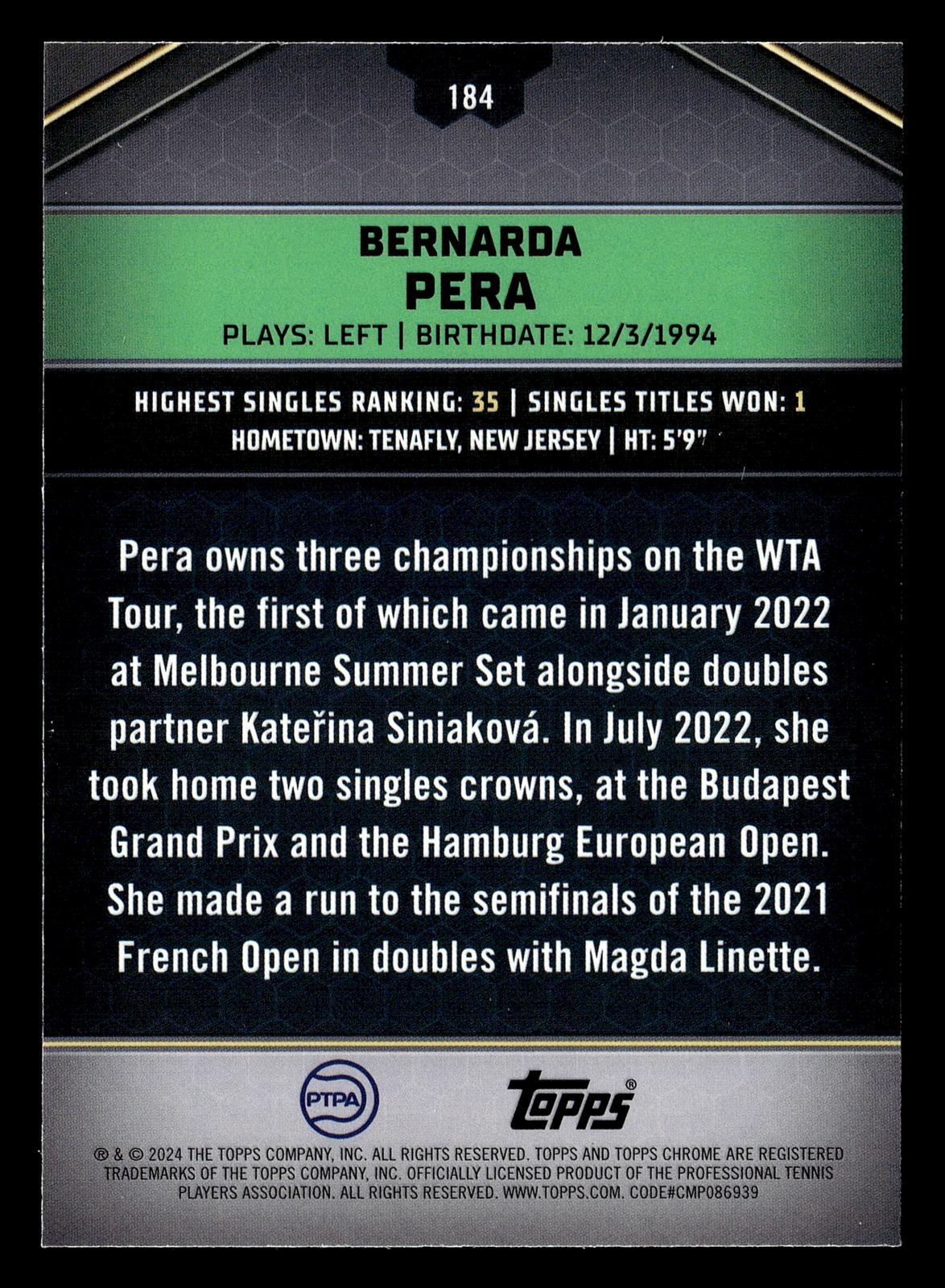 2024 Topps Graphite #184 Bernarda Pera Blue Refractor #/50