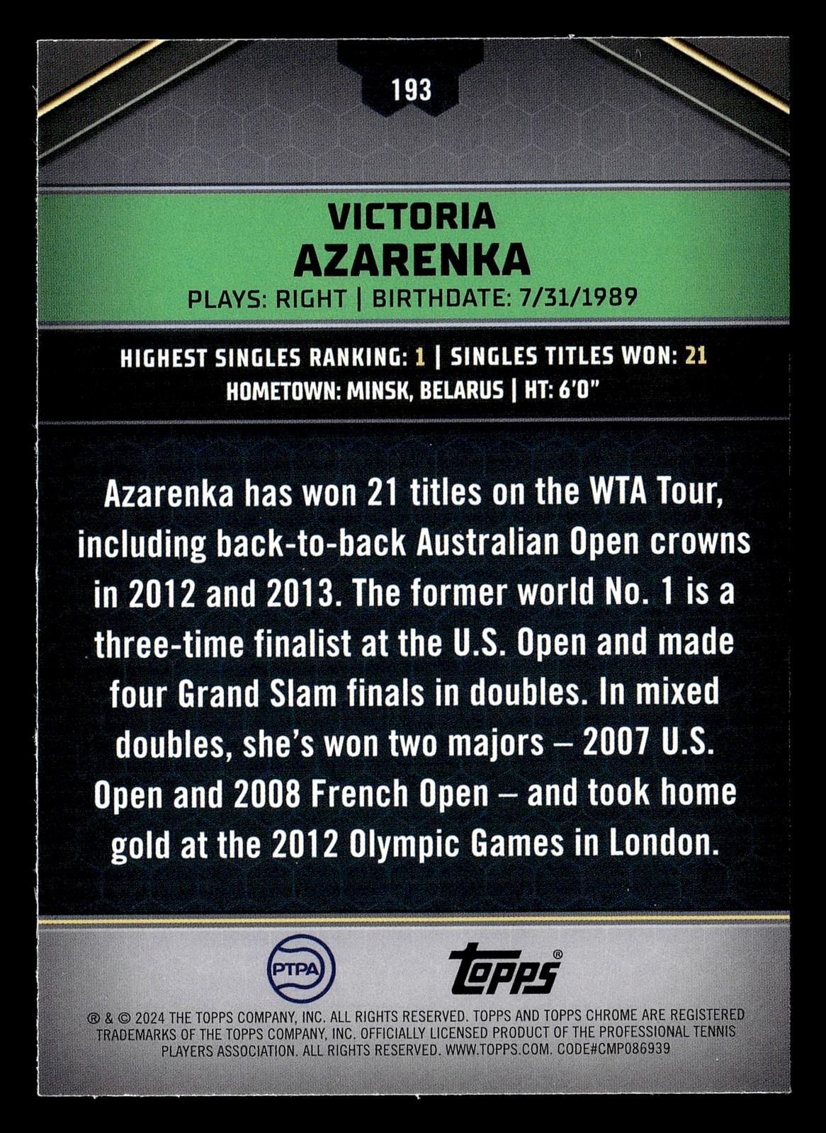 2024 Topps Graphite #193 Victoria Azarenka Green Refractor #/75