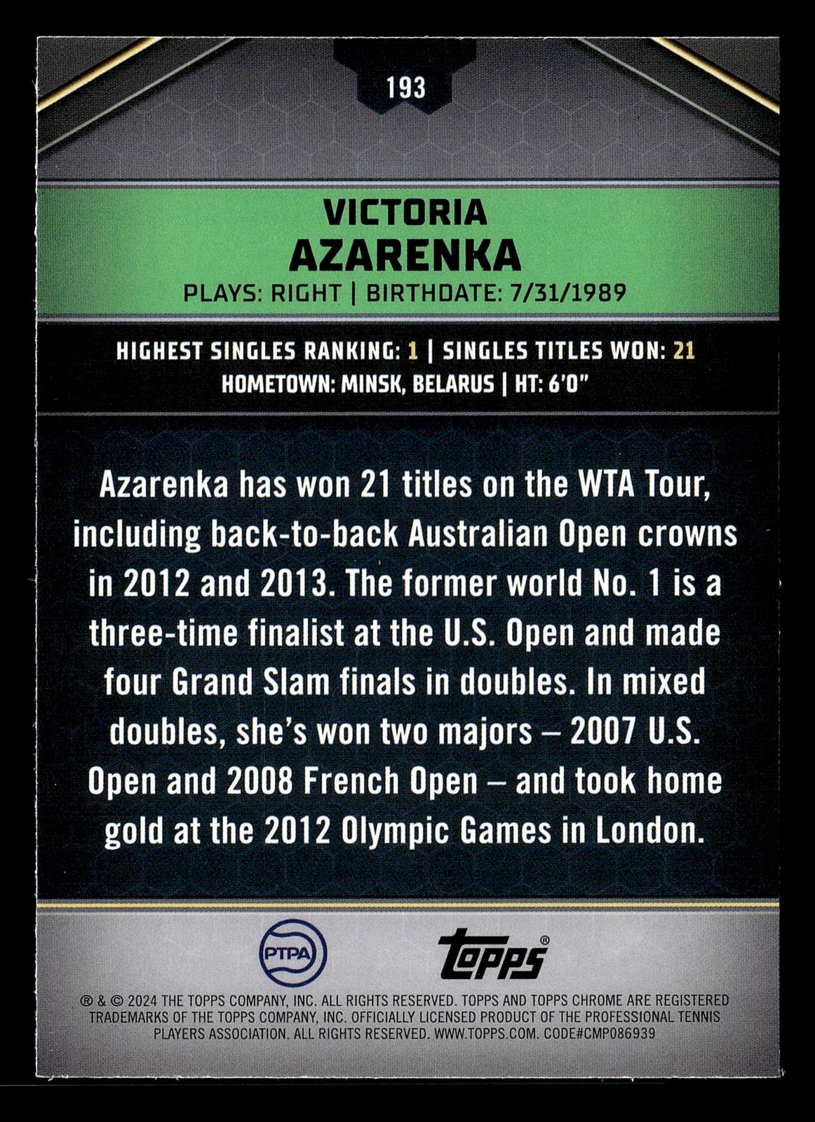 2024 Topps Graphite #193 Victoria Azarenka Blue Refractor #/50