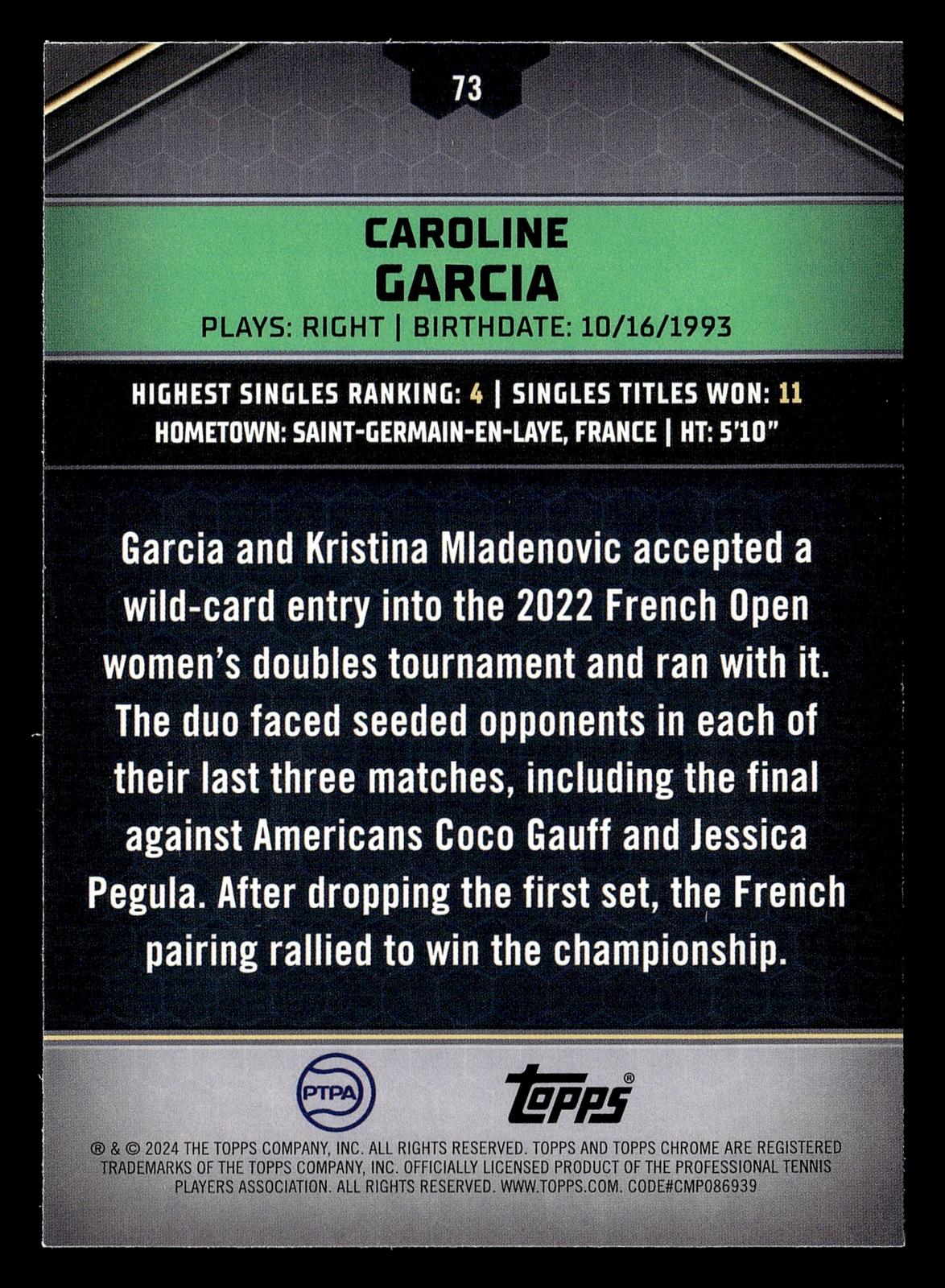 2024 Topps Graphite #73 Caroline Garcia Green Refractor #/75