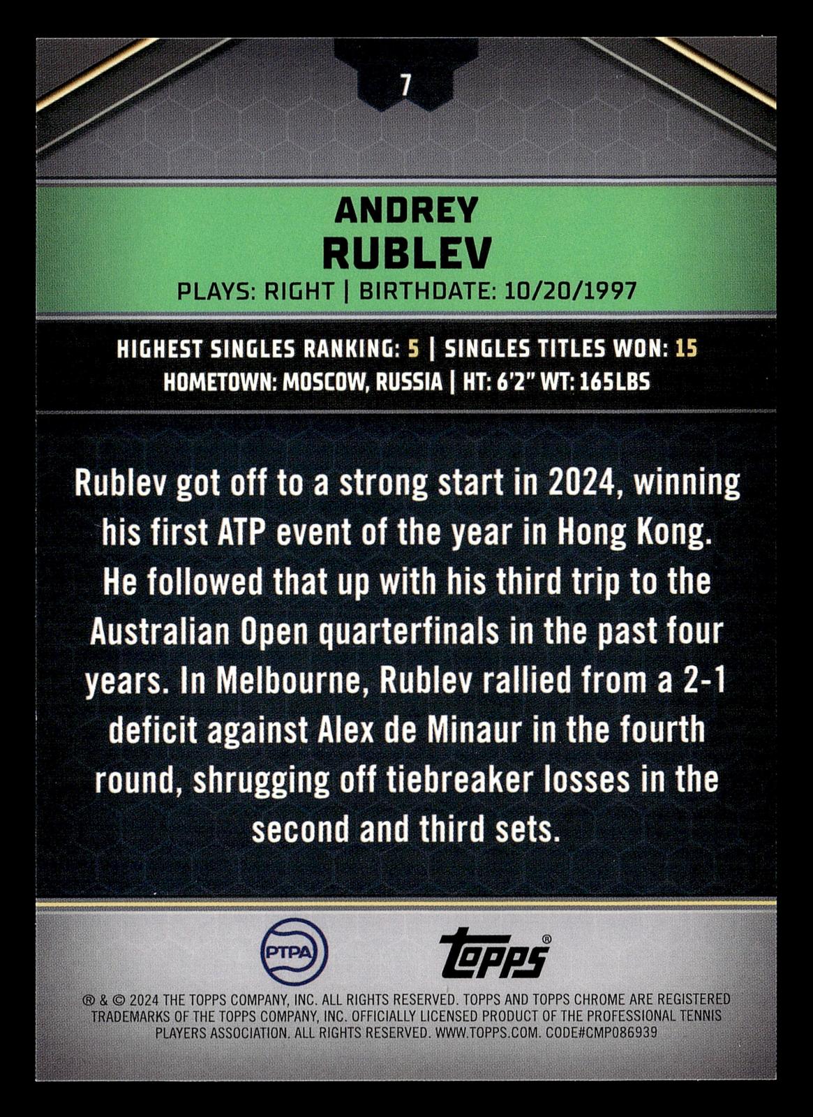 2024 Topps Graphite #7 Andrey Rublev Pink Refractor #/15