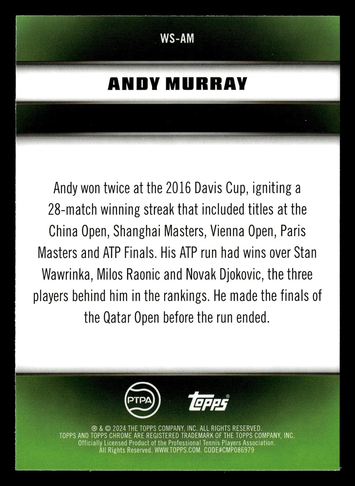 2024 Topps Graphite #WS-AM Andy Murray Winning Streaks Aqua Refractor #/199