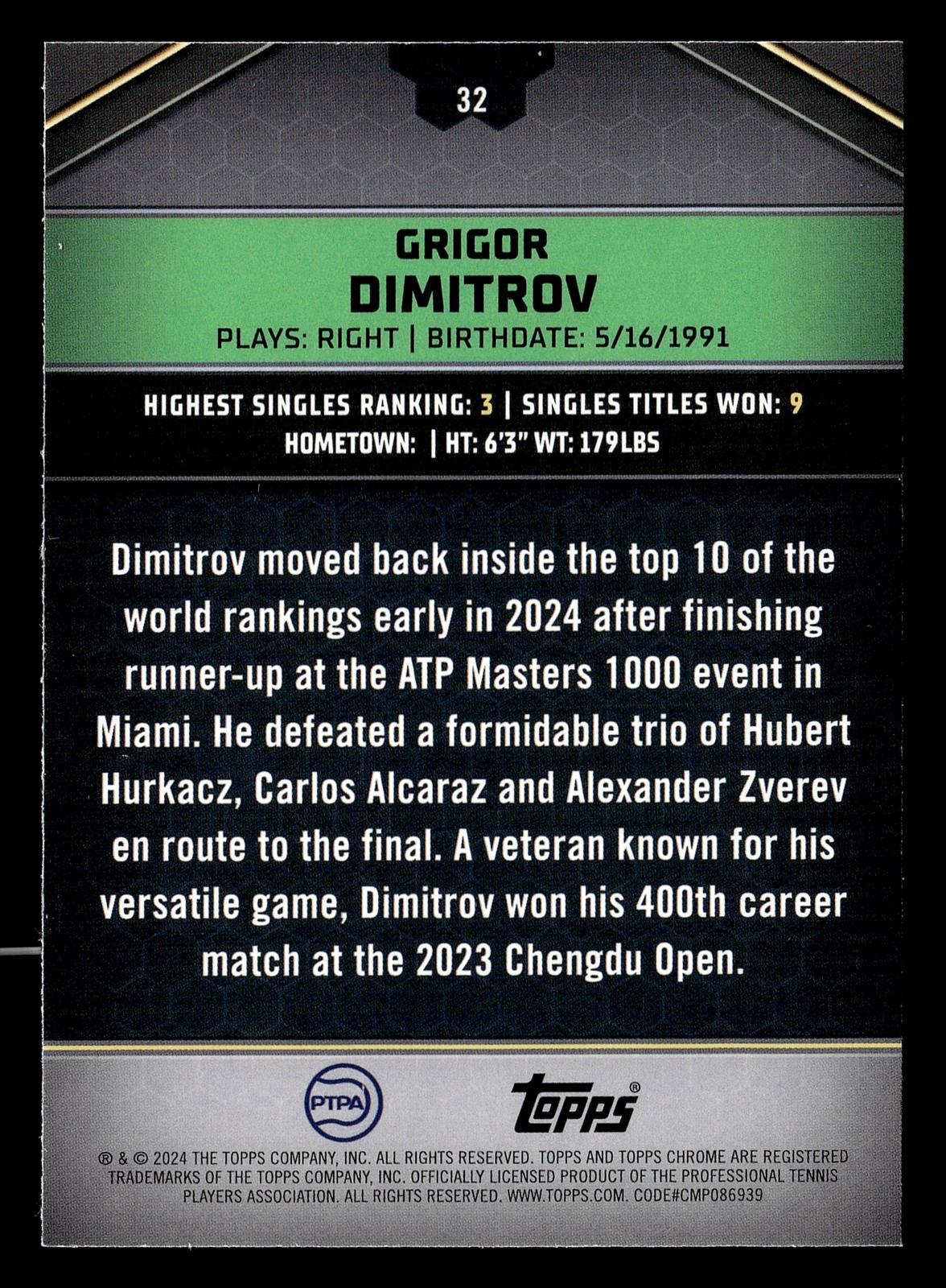 2024 Topps Graphite #32 Grigor Dimitrov Aqua Refractor #/199