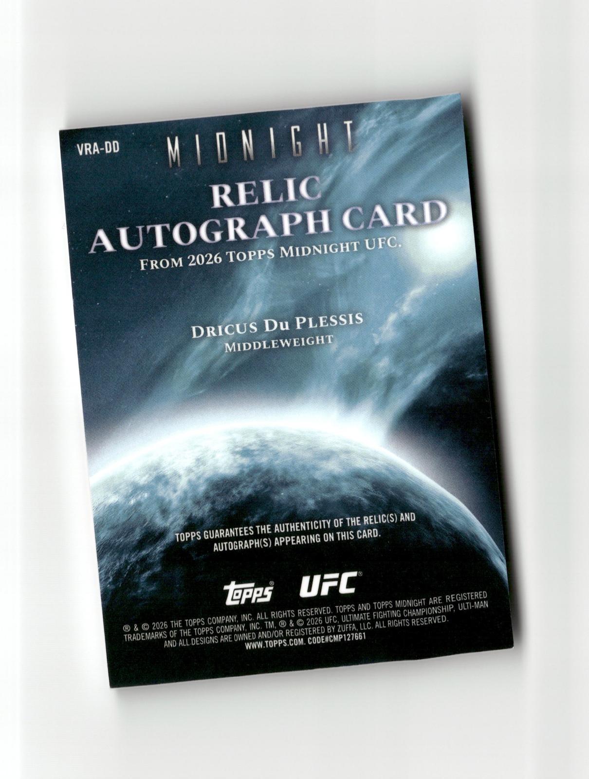 2026 Topps Midnight UFC #VRA-DD Dricus Du Plessis Relic Autographs Twilight #/99