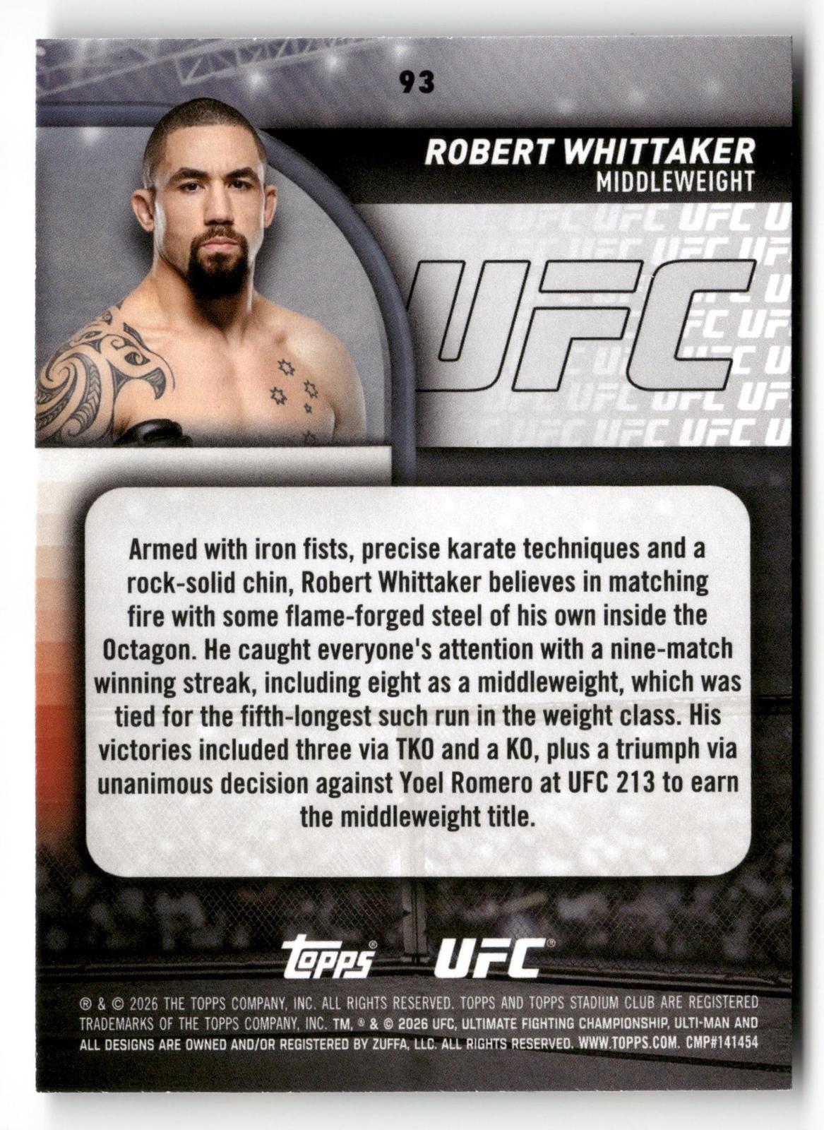 2026 Stadium Club UFC #93 Robert Whittaker Purple #/75