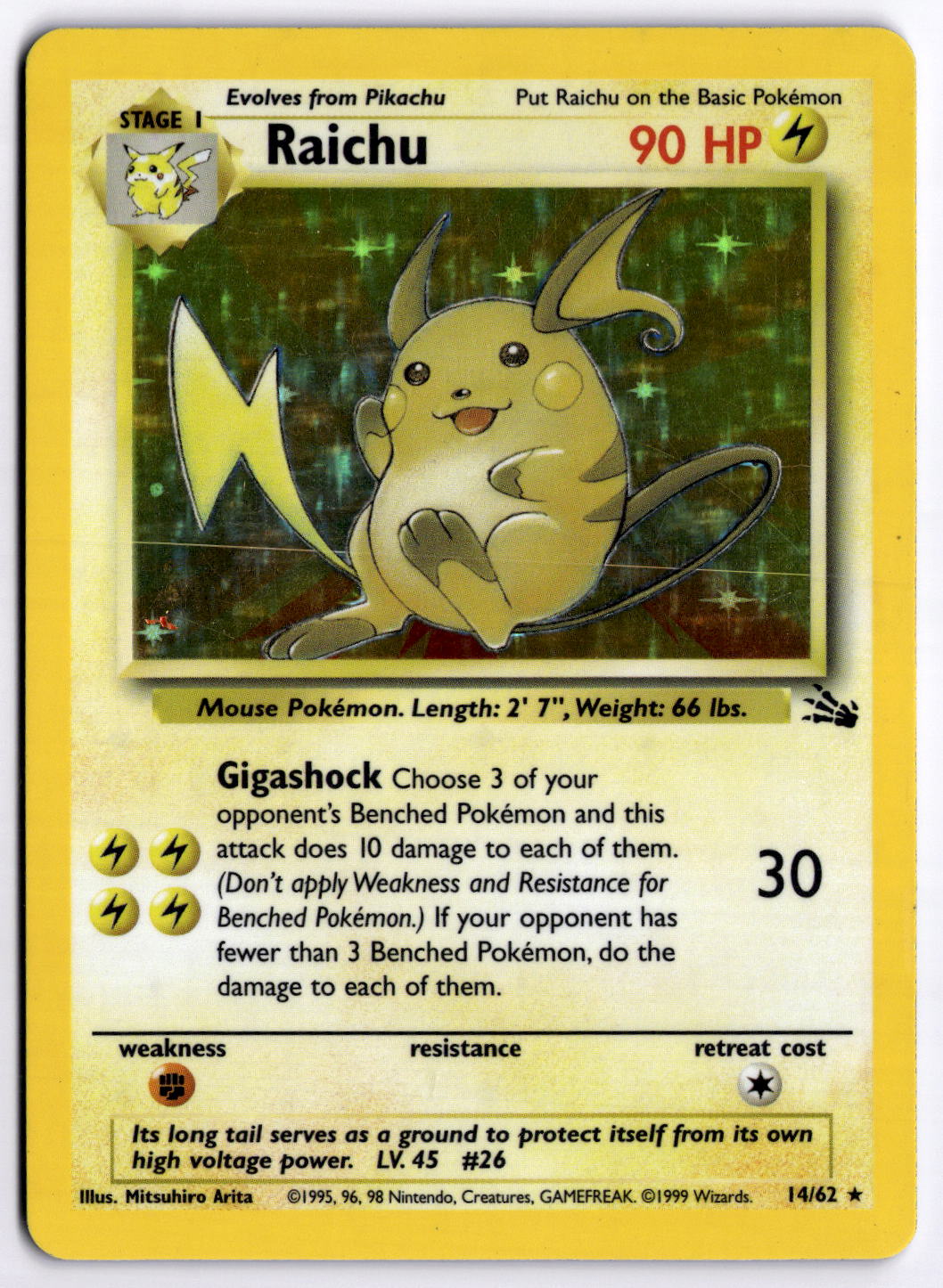 1999 Pokemon Fossil 14/62 Raichu (14) Holo Rare