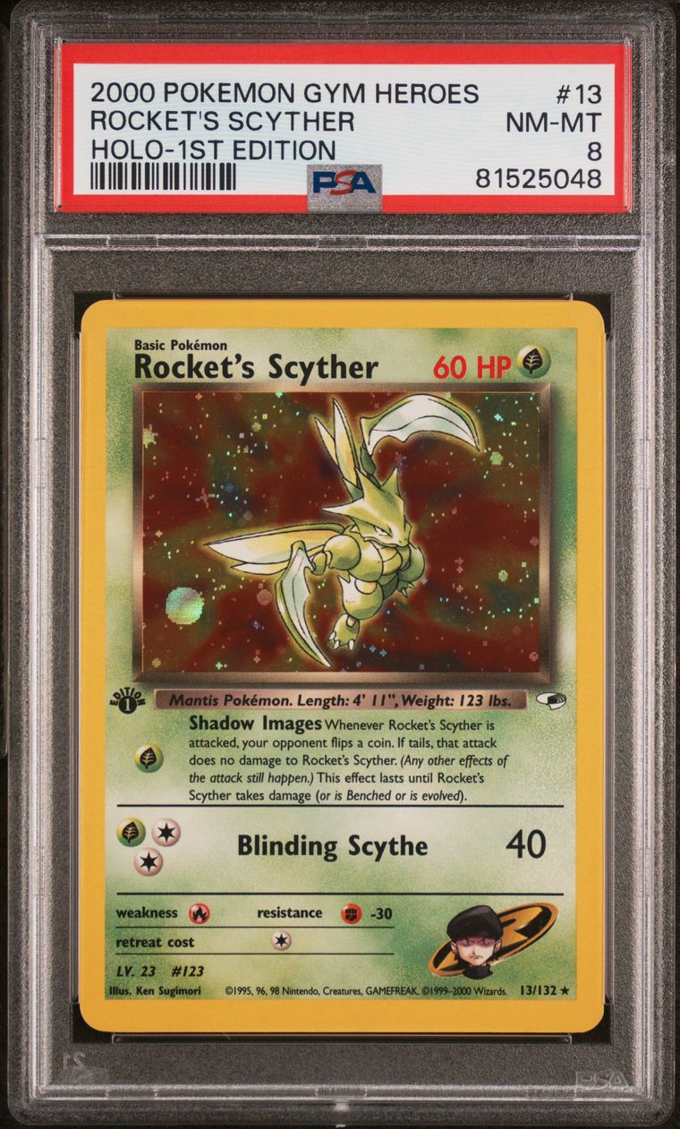 2000 Pokemon Gym Hereos #13/132 1st Edition Rockets Scyther Holo PSA8