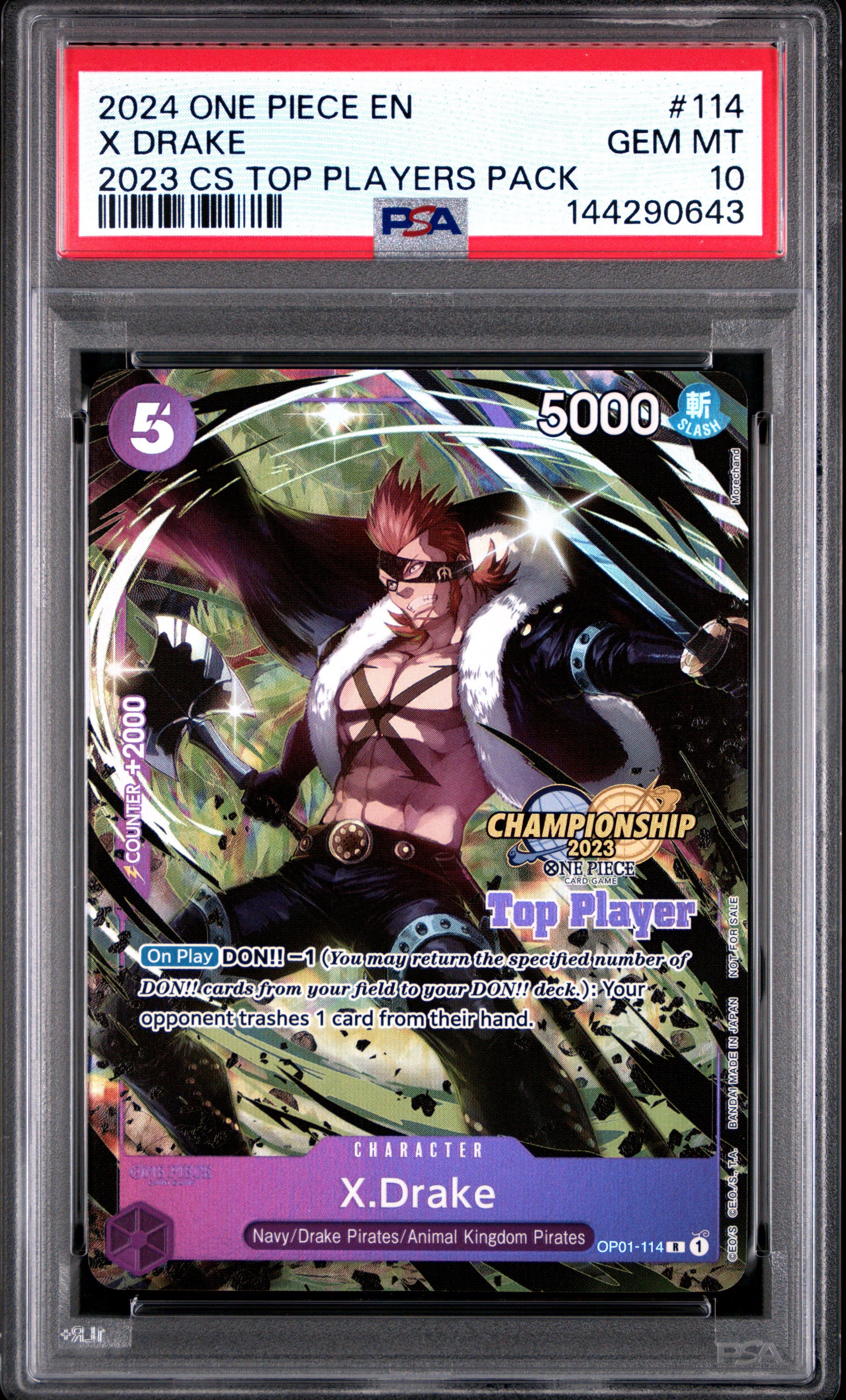 One Piece TCG One Piece Championship 2023 Top Players Pack 114 X Drake PSA 10