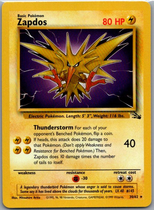 1999 Pokemon Fossil 30/62 Zapdos (30) Rare