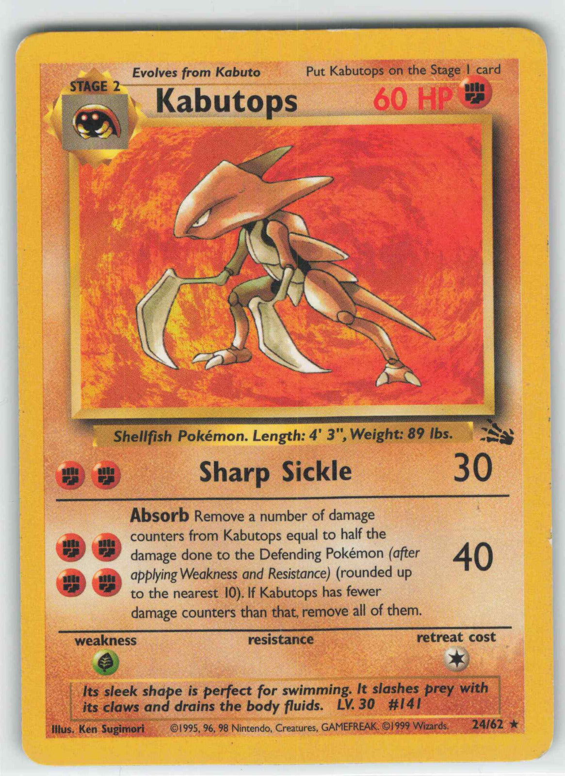 1999 Pokemon Fossil 24/62 Kabutops Non Holo Rare HP
