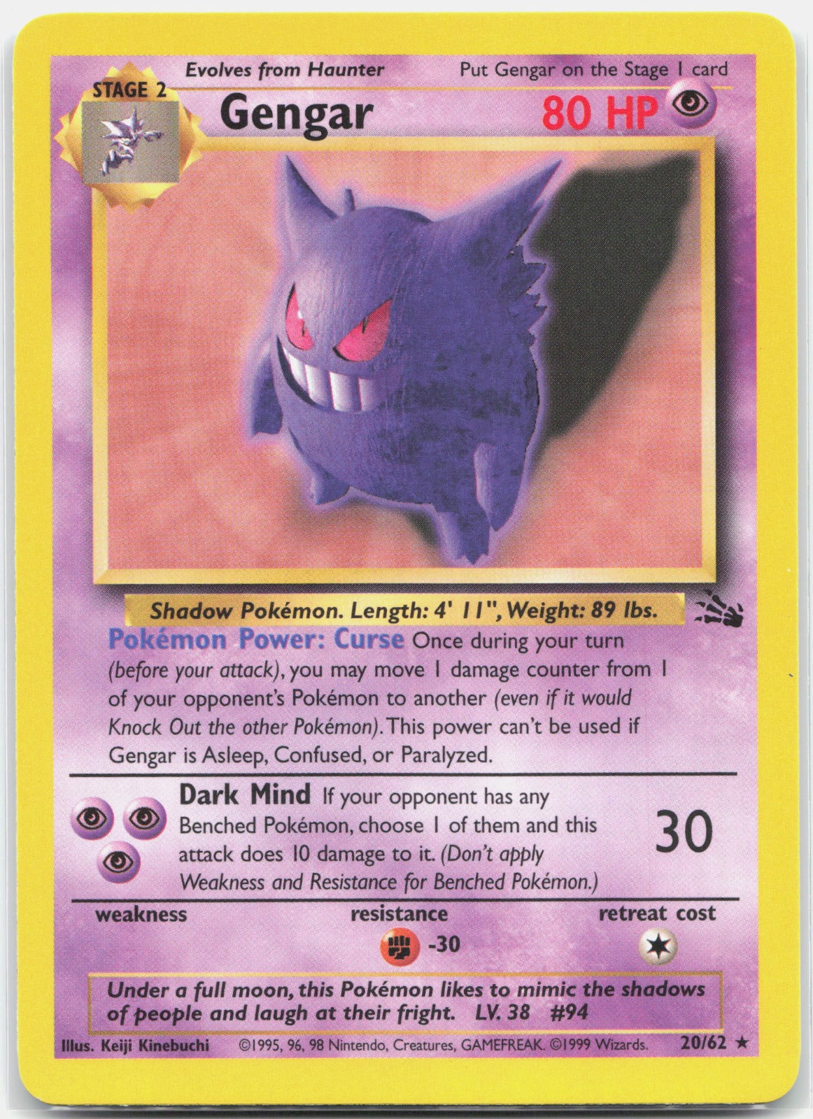 1999 Pokemon Fossil 20/62 Gengar (20) Rare